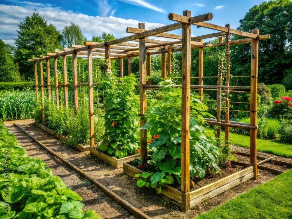 Rustic wooden trellis provides sturdy support for climbing green vegetables in the vibrant outdoor garden, creating a healthy haven for growth and abundance. Rustic wooden trellis provides sturdy support for climbing green vegetables in the vibrant outdoor garden, creating a healthy haven for growth and abundance.