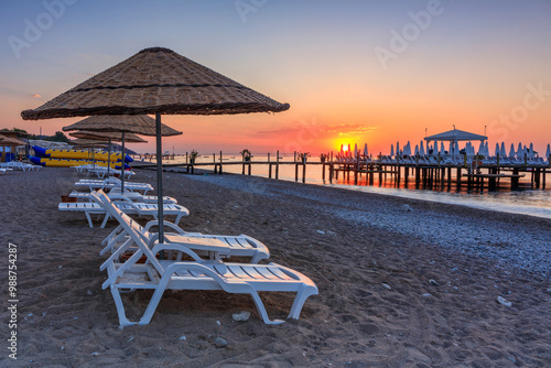 Fototapeta Naklejka Na Ścianę i Meble -  Beautiful sunrise at the beach of Turkish Riviera, Tekirova near Kemer. Turkey