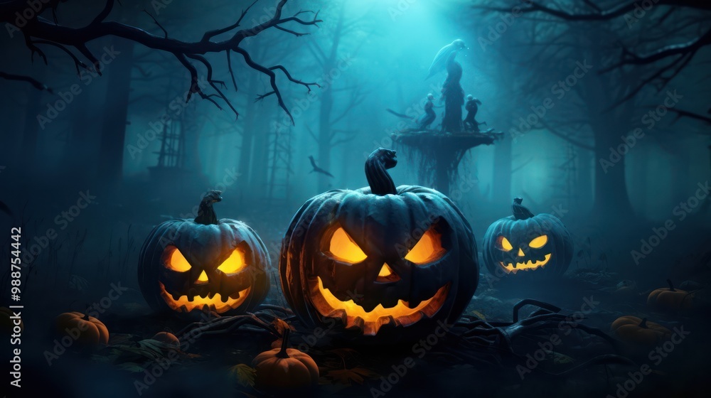 Halloween Jack-O'-Lanterns in a Mysterious Forest Halloween Jack-O'-Lanterns in a Mysterious Forest