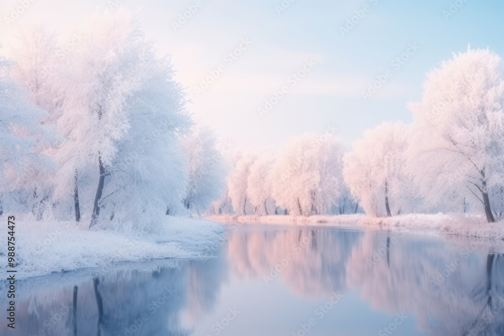 Fototapeta premium Magical frost-covered pink trees in winter