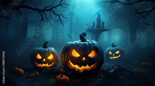 Halloween Jack-O'-Lanterns in a Mysterious Forest