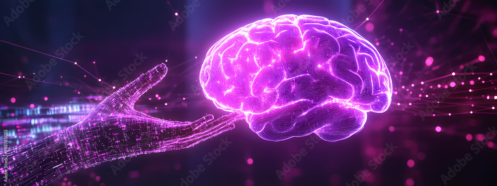 3D Neon Brain with Digital Hand 3D Neon Brain with Digital Hand
