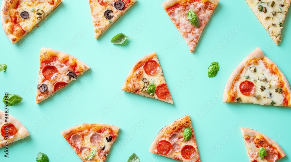 A colorful arrangement of pizza slices on a turquoise background. A colorful arrangement of pizza slices on a turquoise background.
