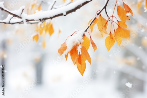 Orange autumn leaves dusted with winter snow