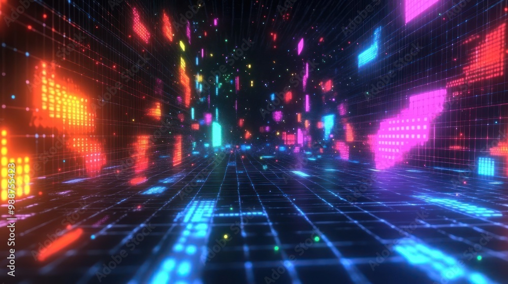 A vibrant digital landscape filled with colorful pixelated patterns and lights. A vibrant digital landscape filled with colorful pixelated patterns and lights.