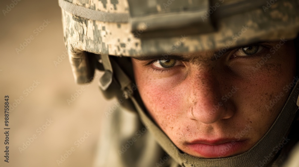 Intense Gaze of Young Soldier in Combat Gear Intense Gaze of Young Soldier in Combat Gear