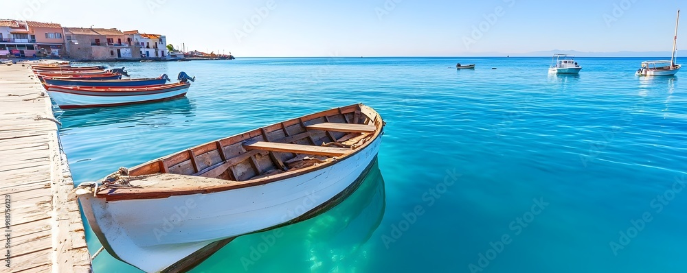 Obraz premium Charming Fishing Village by the Ocean - Tranquil Scene with Wooden Boats Salty Breeze and Maritime Life Under the Sun