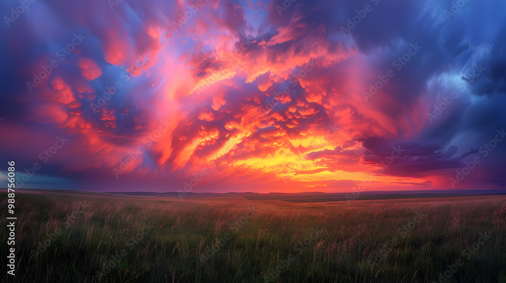 Stunning Sunset Sky with Dramatic Clouds over Grass Field Stunning Sunset Sky with Dramatic Clouds over Grass Field