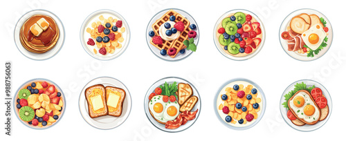 Breakfast on the plate top view. Waffles toast pancake corn flakes with milk and berries fruits bacon eggs. Healthy meal. Morning food vatiations. Cartoon style isolated vector clipart collection