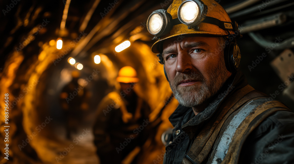 A miner wearing an orange hard hat and headlamp gazes intensely in a dimly lit underground mine during a work shift A miner wearing an orange hard hat and headlamp gazes intensely in a dimly lit underground mine during a work shift