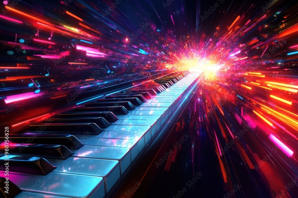 Piano keys with colorful light streaks. Piano keys with colorful light streaks.