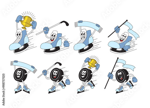 Happy Ice Hockey Shoe and Puck Cartoon Character Set Collection photo