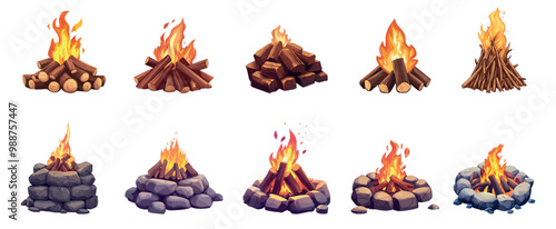 Campfire set. Wood and stone outdoore bonfire flame. Firewood brushwood red fiery flames burn. Dry branch trunk fireplace. Design element for holidays vacation adventure journey. Cartoon style