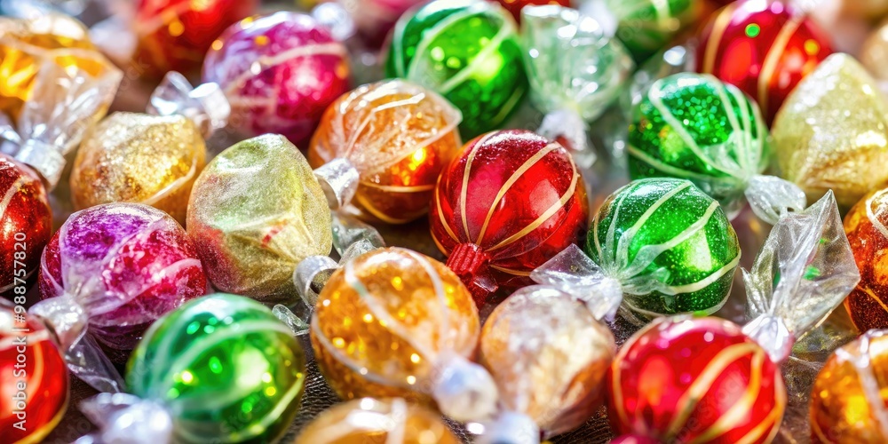 Sparkling cellophane wraps a colorful medley of festive candies, twisted ends adding a whimsical touch to their sweet and festive appearance. Sparkling cellophane wraps a colorful medley of festive candies, twisted ends adding a whimsical touch to their sweet and festive appearance.