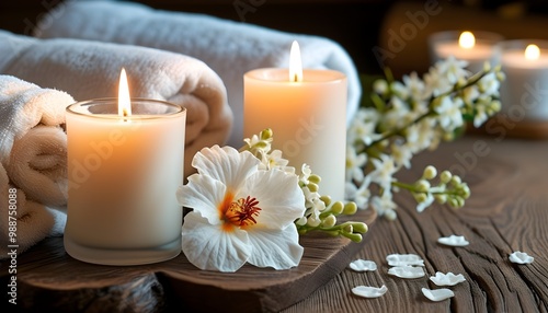 Tranquil spa ambiance with lit candles, white flowers, and soft towels arranged on a wooden surface