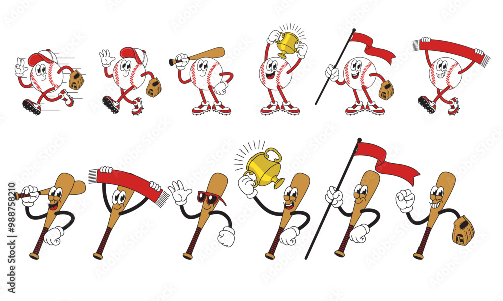 Set of Happy Baseball Ball and Bat Mascot Cartoon Character Set of Happy Baseball Ball and Bat Mascot Cartoon Character