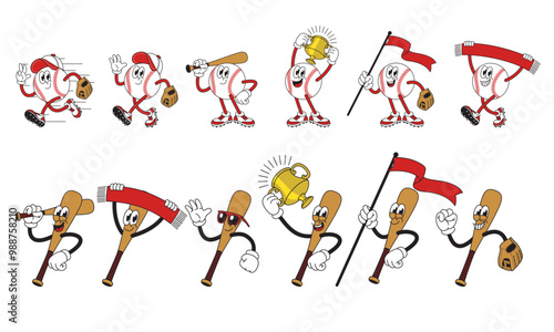 Set of Happy Baseball Ball and Bat Mascot Cartoon Character