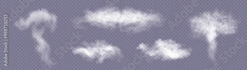 Set of realistic smoke, steam, clouds. Explosion effect, steam generator. Transparent background.