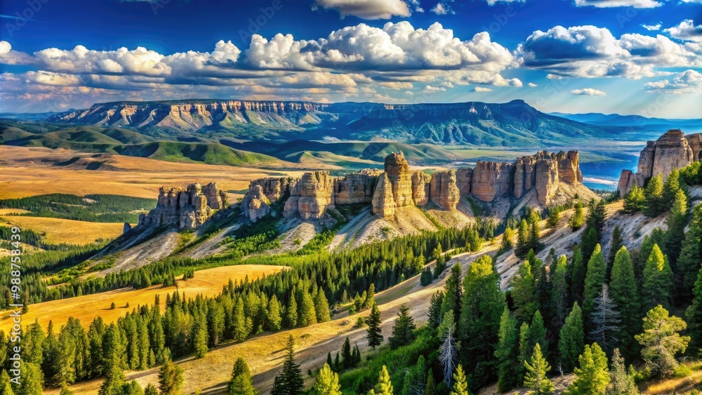 Naklejka premium Sun-kissed Pryor Mountains stretch towards the sky, jagged peaks and rolling hills unfolding beneath a brilliant blue canvas, nature's majesty on full display.