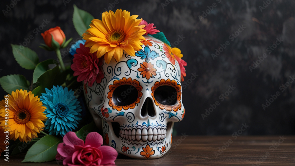 Colorful Sugar Skull with Fresh Flowers Display Colorful Sugar Skull with Fresh Flowers Display
