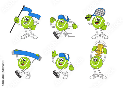 Set of Happy Tennis Ball Mascot Cartoon Character