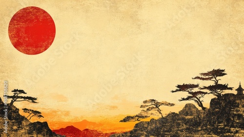Serene Asian Landscape with Sunset and Silhouette Trees