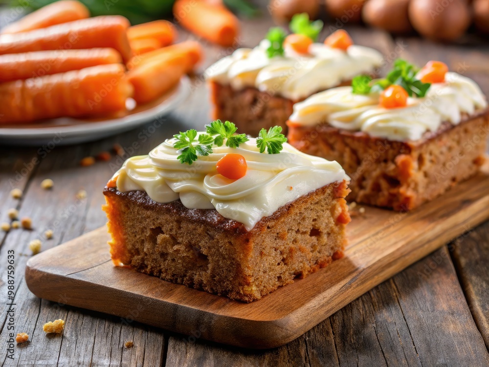 The camera zooms in on a scrumptious carrot cake, its moist and fluffy texture gazing up at us, accompanied by a dollop of rich cream cheese frosting on a rustic wooden board. The camera zooms in on a scrumptious carrot cake, its moist and fluffy texture gazing up at us, accompanied by a dollop of rich cream cheese frosting on a rustic wooden board.