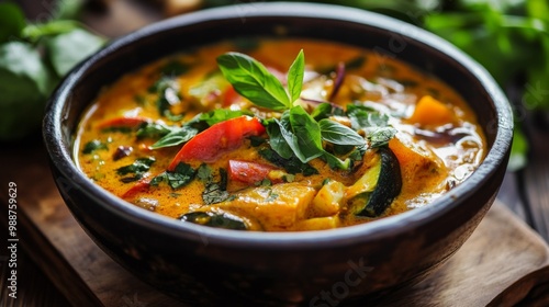 A beautifully styled bowl of spicy curry with vibrant vegetables and herbs, highlighting the rich colors and textures that come from using fresh ingredients