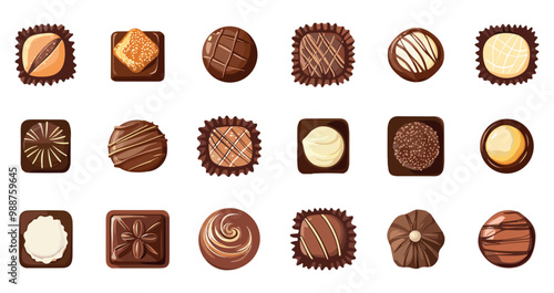 Chocolate praline candies set. Top view. Tasty delicious sweet desserts. Valentine day decoration elements. Sweet truffles. Cartoon style isolated vector clipart collection