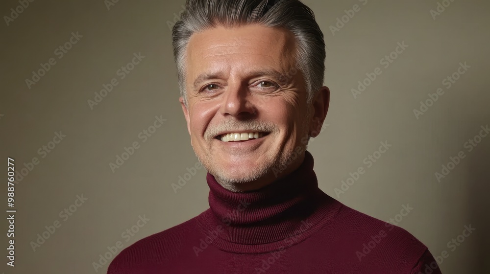 Confident Mature Man with Charming Smile in Maroon Turtleneck Confident Mature Man with Charming Smile in Maroon Turtleneck