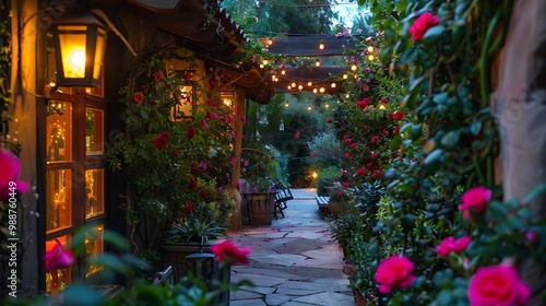 A charming patio walk lined with flowers in bloom and sparkling lights