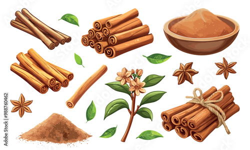 Cinamon set. Stick plant with green leaves brown powder pile anise stars sticks tied with a rope. Fragrant spice elements for menu poster design. Cartoon style isolated vector clipart collection
