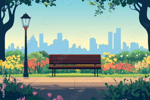City park with bench lantern landscape. Silhouette of the city hight buildings on the background. Flower beds paths sunny day. Nature piece scenery with green trees and shrub. Cartoon style vector