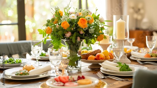 Elegant Dining Table Setting with Fresh Flower Centerpiece and Assorted Dishes in Sunlit Room