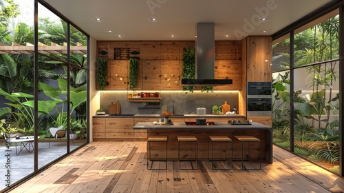 Wallpaper Mural 3d rendering modern wood and loft kitchen with dining bar Torontodigital.ca