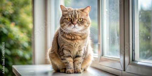 The wrinkled, cross-eyed feline sat on the windowsill, its grumpy expression a perfect match for the dreary day outside. photo