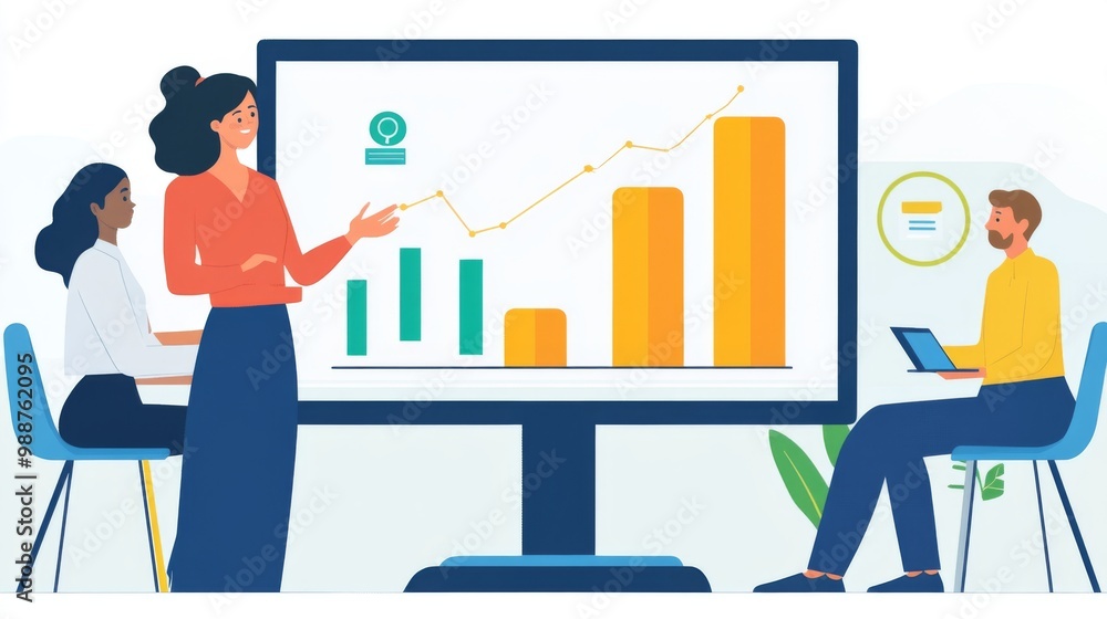 A businesswoman presenting a bar chart on a large monitor during a meeting, explaining trends and growth projections to colleagues. A businesswoman presenting a bar chart on a large monitor during a meeting, explaining trends and growth projections to colleagues.
