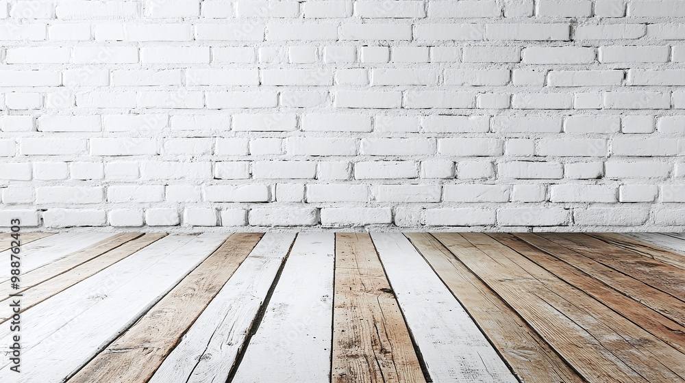 Fototapeta premium minimalist empty room with a white brick wall and wood floor, providing a clean and sophisticated setting for product presentations and displays