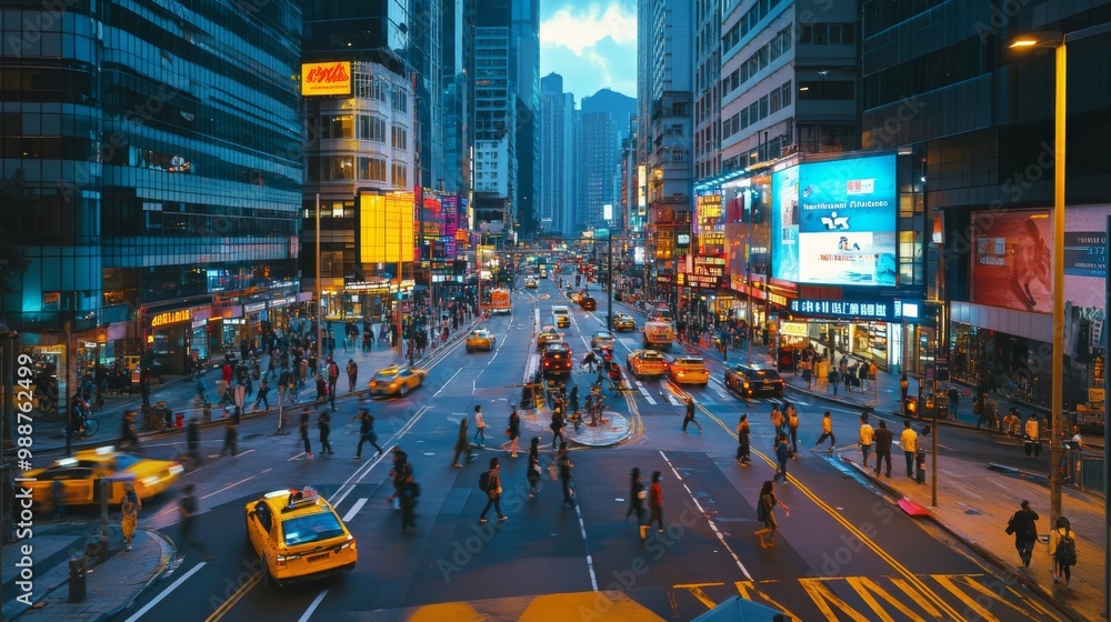 Obraz premium A busy city intersection surrounded by skyscrapers, with people crossing the streets and traffic moving, highlighting the vibrant energy of the downtown area.
