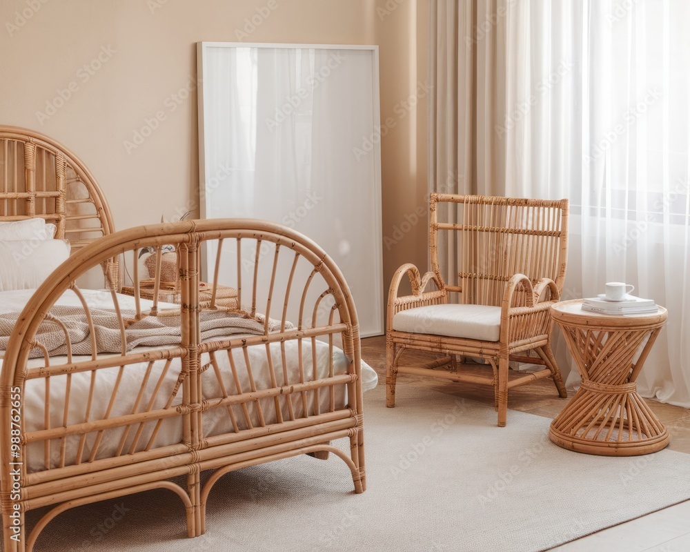 Cozy Bohemian Bedroom with White Mockup Frame Cozy Bohemian Bedroom with White Mockup Frame