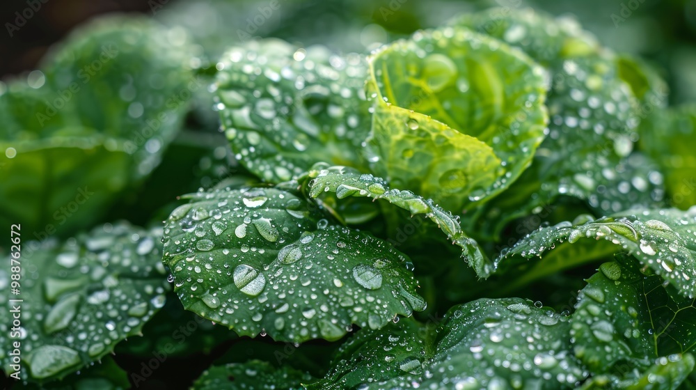A close-up of a leaf with water droplets showing dew and freshness in a natural garden setting A close-up of a leaf with water droplets showing dew and freshness in a natural garden setting
