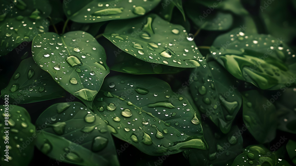 Fototapeta premium Green Leaves with Water Drops - Nature Photography