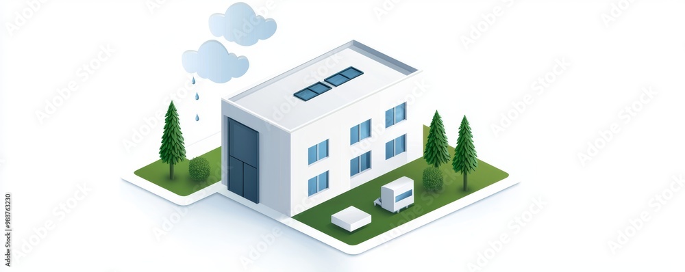 A sleek office building with a rooftop garden and an innovative rainwater recycling system A sleek office building with a rooftop garden and an innovative rainwater recycling system