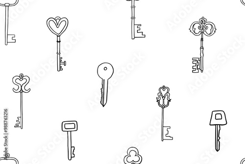 Seamless pattern of keys in doodle style. House keys, deal. Housewarming. Home sweet home, welcome home, new home, happy house warming, Good for banner, cards, professional design. Hand drawn