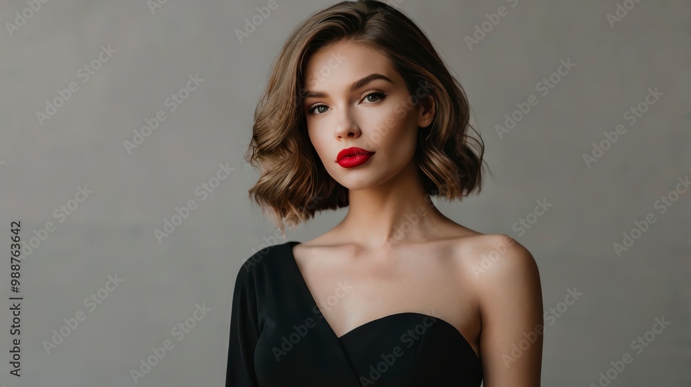 Elegant model with red lips, black dress Elegant model with red lips, black dress
