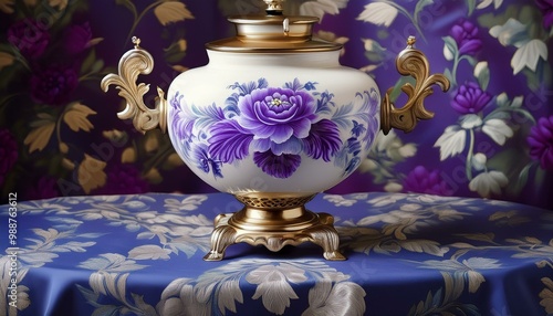 large porcelain samovar in purple and white colors, standing on oval table covered with tablecloth embroidered in the Ukrainian style against the background of vines that weave sinuously from top photo