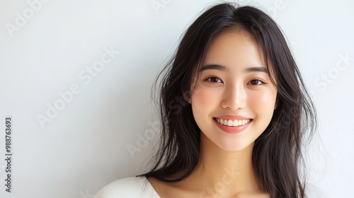 A beautiful young Asian woman with radiant skin, smiling softly against a pure white background, showcasing a facial treatment