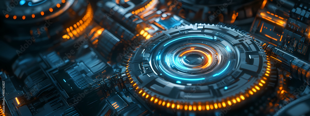 Complex Futuristic Gear System in High-Tech Setting Complex Futuristic Gear System in High-Tech Setting