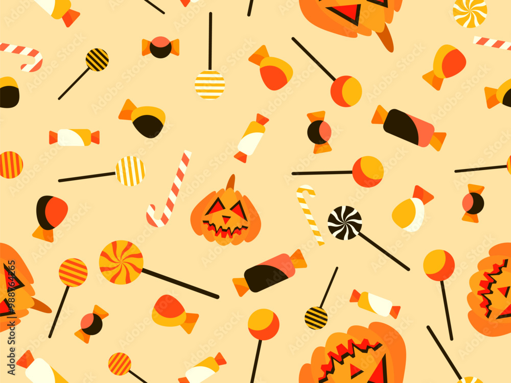 Obraz premium Pumpkins and candies seamless pattern. Halloween carved pumpkin with candies and lollipops. Jack-o-lantern, trick or treat. Design for wallpapers, wrappers, covers and banners. Vector illustration