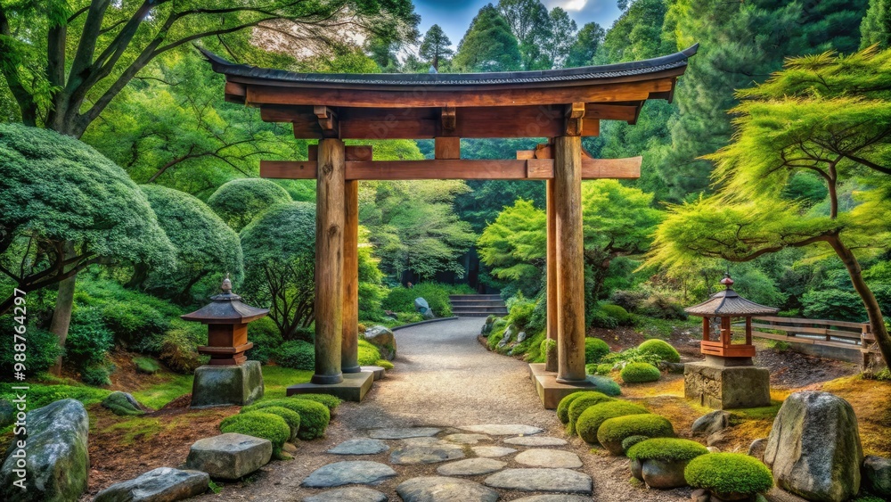 Weathered wood and serene stone blend with lush greenery, creating a tranquil haven amidst towering trees and the soft rustle of leaves. Weathered wood and serene stone blend with lush greenery, creating a tranquil haven amidst towering trees and the soft rustle of leaves.